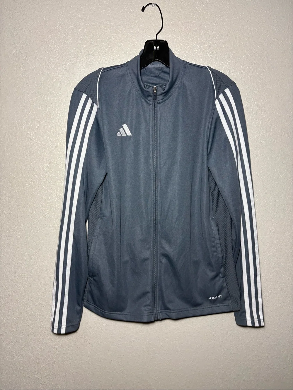 Adidas Slim Fit Blue-Gray Track Jacket with White Three-Stripes